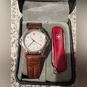 Vintage Wenger Swiss Silver Watch with Brown Strap and Red Swiss Army Knife